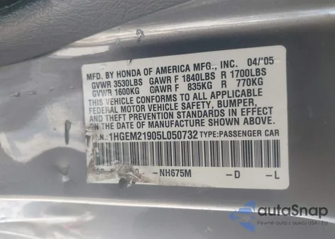 2005 Honda Civic Ex z USA, uszkodzony, nr VIN 1HGEM21905L050732